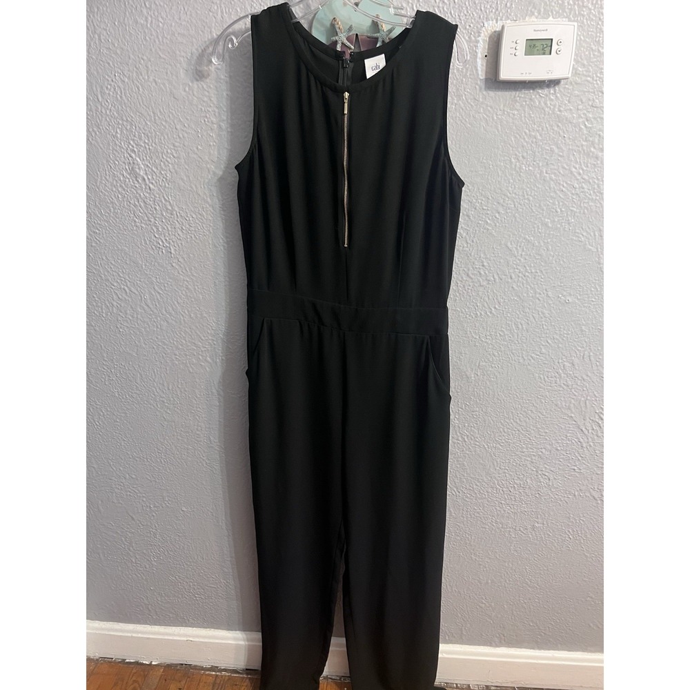 CAbi Black Solid Zip Front Sleeveless Jumpsuit Pockets Size 10